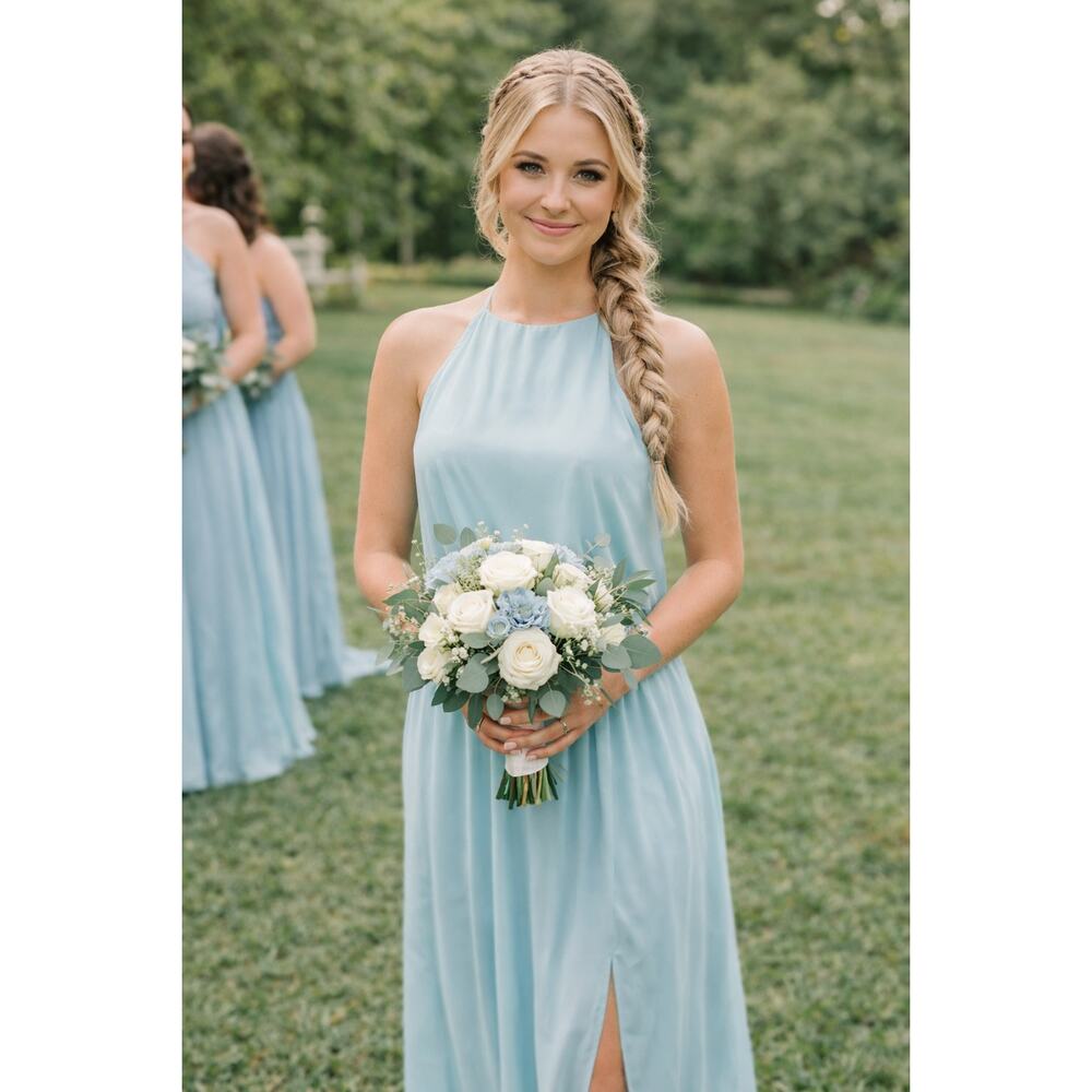 Show Me Your Mumu Women's Aqua Halter Maxi Dress Elastic Waist Side Slit Sz S